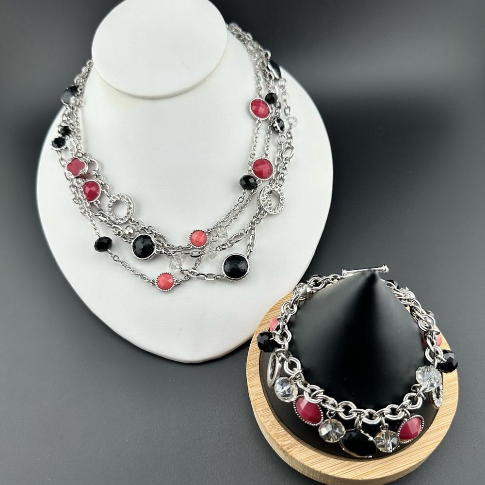 WHBM Pink & Black Crystal bling Necklace & Bracelet Set